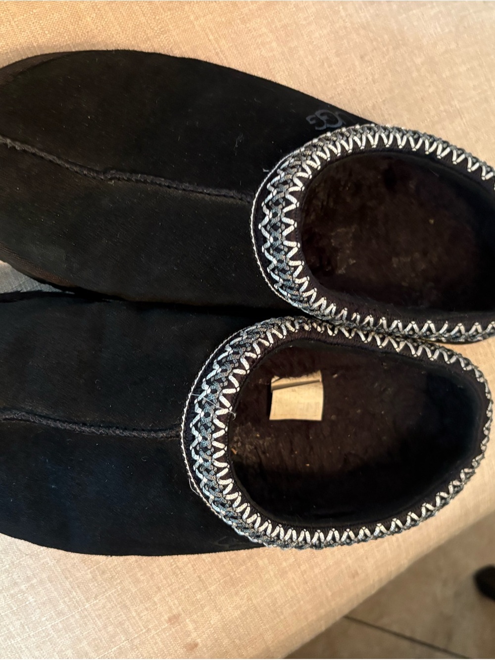 UGG Tasman 9 Black Suede Slip-On Moccasin Slippers with Embroidered Trim